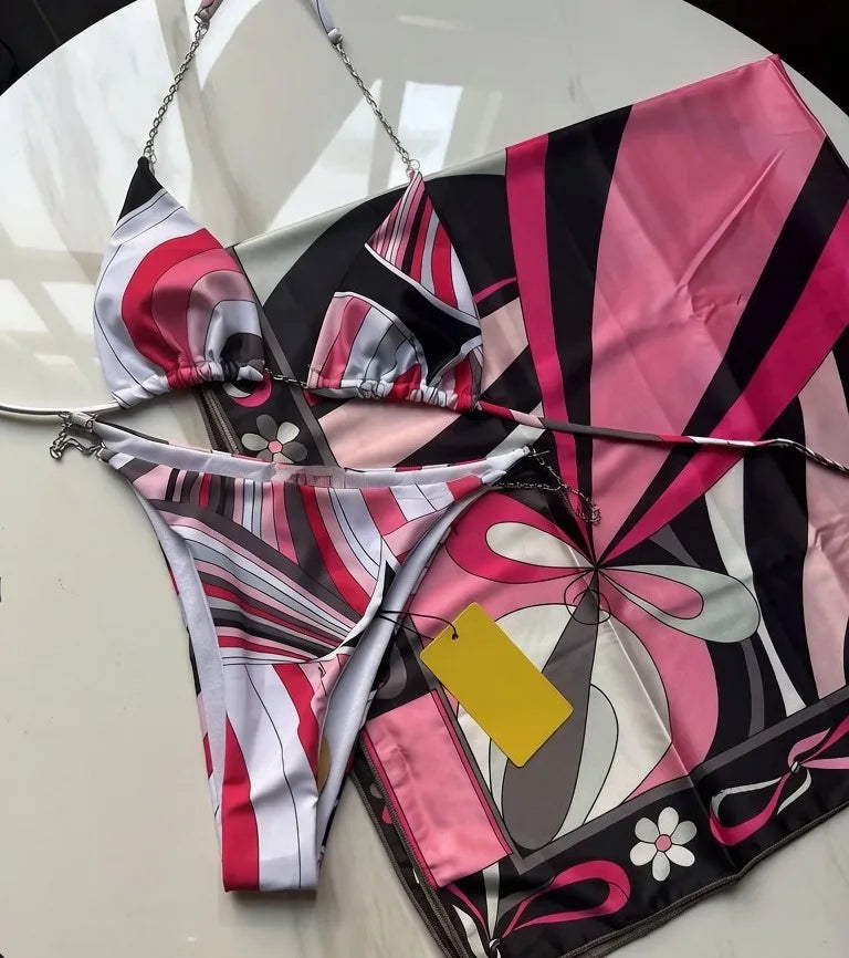 2026 Fashion Design Women's Red Scarf Sling Swimsuits Classic Brand Lady Scarf Bikini Sets with Letter Signature Logo