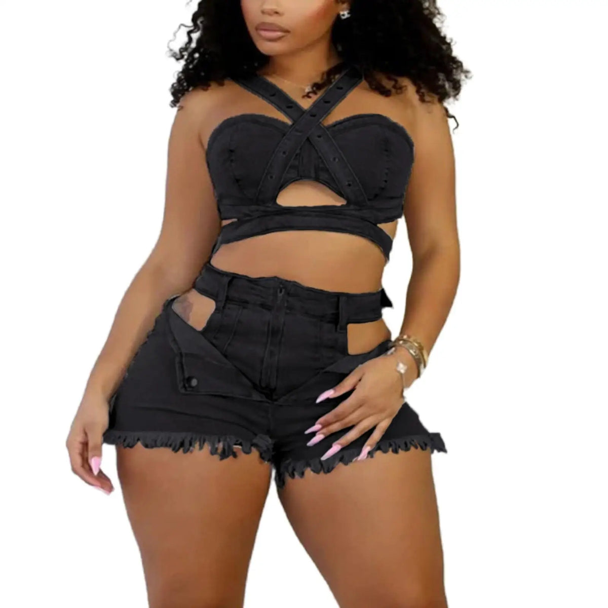 2 Piece Sets Women Denim Shorts Suit Sexy Vest Top Strap Backless Jeans Short Pants Pockets Outfits 2025 Streetwear Ensemble