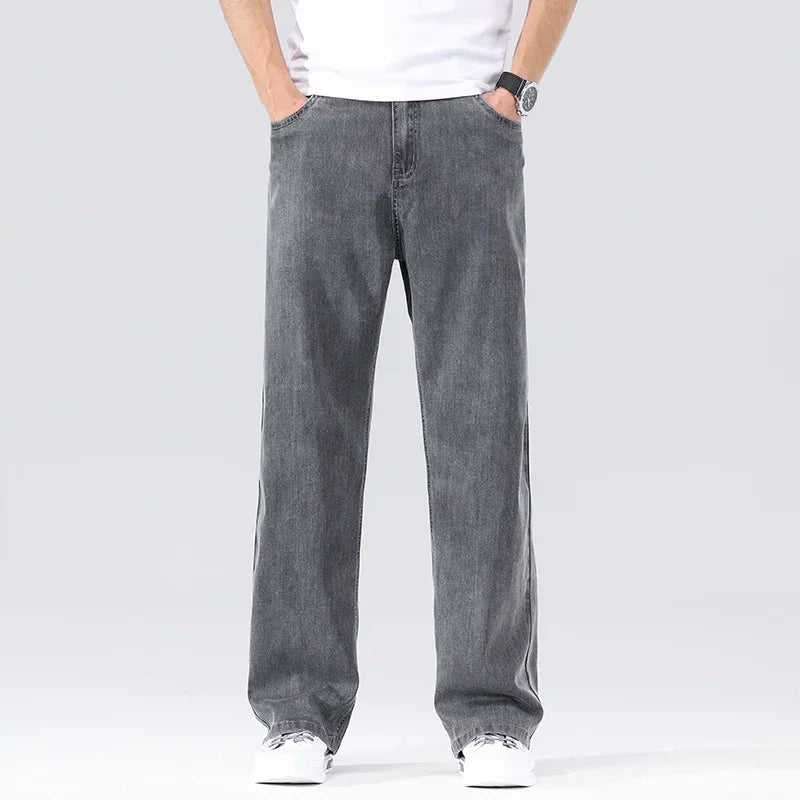 Men's Loose Jeans Summer Fashion Drape Soft Fabric Ultra Thin Pants Wide Legs Ice Silk Lyocell Business Straight Denim Trousers