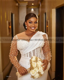 Pearls Wedding Dresses for Bride 2025 Sheer Neck Long Sleeve Lace up Closure Ankle Length Africa Bridal Gowns Customized