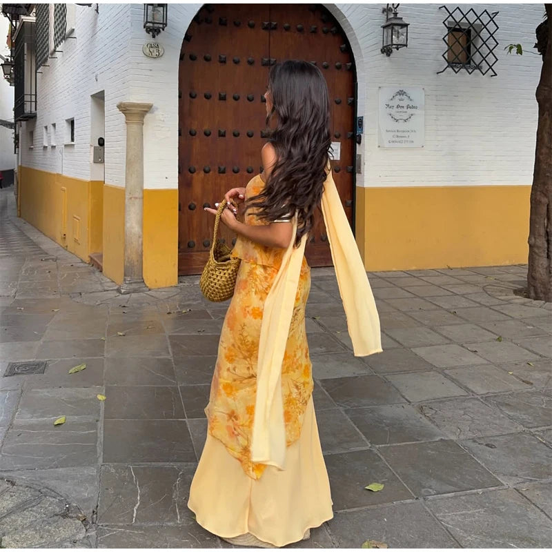 Vintage Floral Print Strapless Patchwork Dress Women Elegant Sleeveless Backless Ribbon Split Dresses Summer Female Party Robes