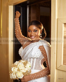 Pearls Wedding Dresses for Bride 2025 Sheer Neck Long Sleeve Lace up Closure Ankle Length Africa Bridal Gowns Customized