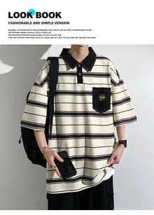 2024 New Summer Men POLO Shirt Trend Loose Clothing Students Short-sleeved T Shirt Tops Round Neck Five-quarter Sleeve Harajuku