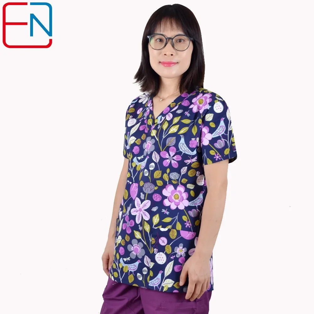 Hennar Print Vet Scrub Uniform For Women In 100% Cotton 4 pockets,XXS-5XL Pet Doctors Medical Scrub Tops