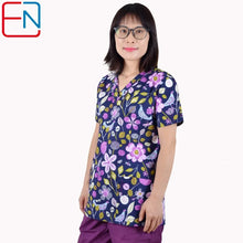 Hennar Print Vet Scrub Uniform For Women In 100% Cotton 4 pockets,XXS-5XL Pet Doctors Medical Scrub Tops