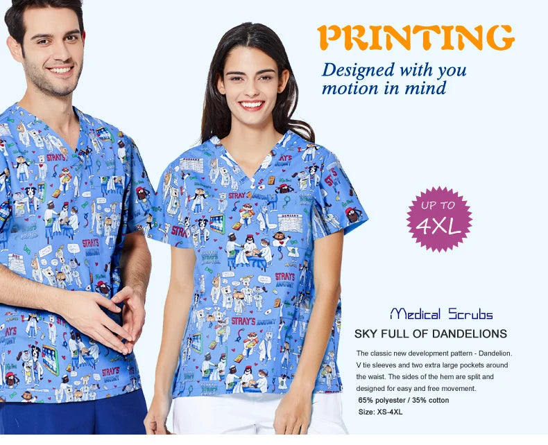 ANNO Hospital Staff Scrubs Top Medical Sanitary Nursing Uniform Dental Clinic Print Beauty Caregiver Coveralls