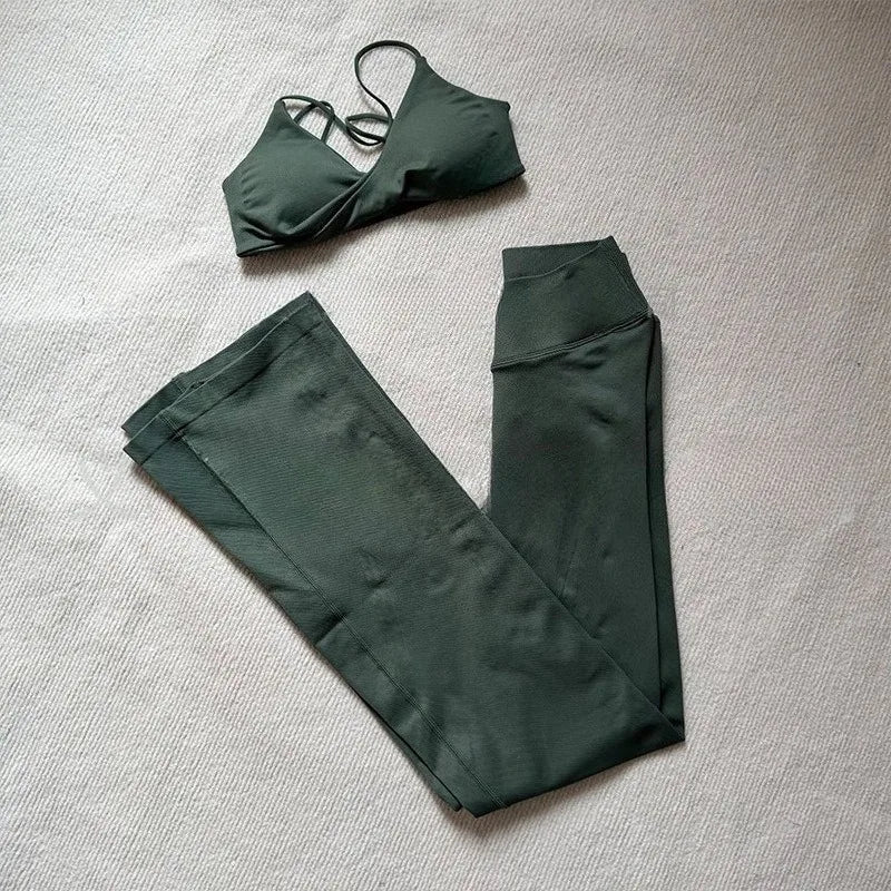 NO LOGO 2 Pieces Flared Legging Set Women Twist Front Sports vest Top Wide Leg Yoga Pants Seamless Yoga Set Tracksuits Workout
