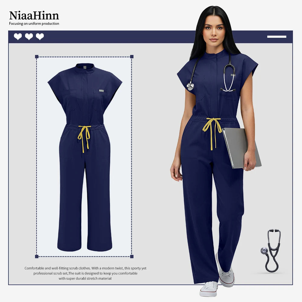 Niaahinn Operating Room Scrub Uniform Full Outfit & Veterinary Nurse Uniform with Bat Sleeve One-Piece Pet Grooming Work Clothes