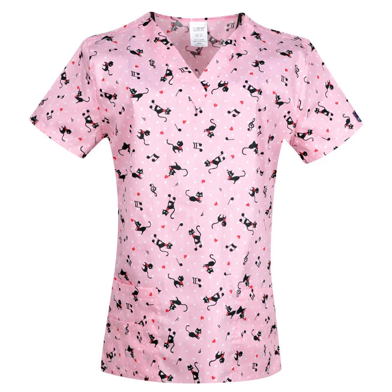 Hennar Print Vet Scrub Uniform For Women In 100% Cotton 4 pockets,XXS-5XL Pet Doctors Medical Scrub Tops
