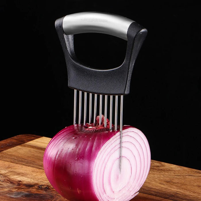 Support de découpe pour oignons en acier inoxydable, aide à la découpe d'aliments, trancheur de tomates et d'oignons, fourchette de cuisine pour découper les légumes, ustensiles de cuisine