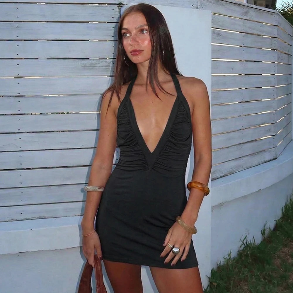 Talenza Women Summer Dress Fashion Sexy V-neck Pleated Backless New Dress Elegant Luxurious Party Vacation Women's Casual Dress