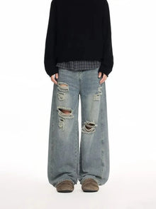 High Waist Men's Blue Jeans Aesthetic Vintage 2000s Streetwear Y2K Wide Leg Jeans 2026 Autumn Ripped Trouser Baggy Denim Pants