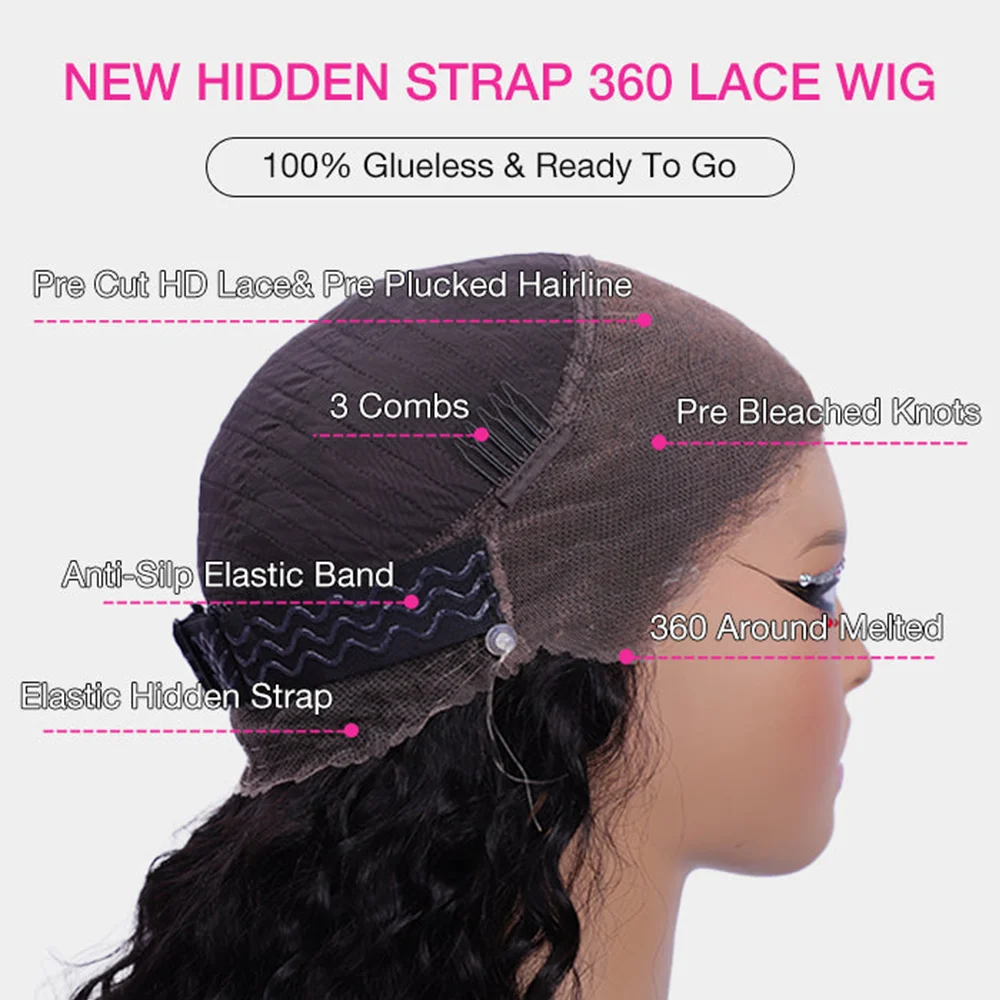18-36inch 250 Density Curly Water Wave Wig Human Hair Invisi Strap Drawstring 360 Full HD Lace Front Wigs Human Hair Pre Plucked