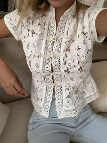 Tossy Lace Cardigan Women Short Sleeve See Through Blouse