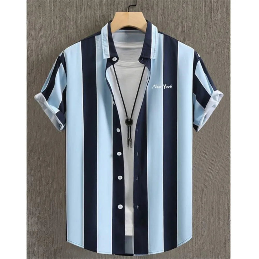 Summer Fashion 3D Print Striped Men's Shirts Basic GraphicsButton Short Sleeve Lapel Streetwear Hawaiian Blouse Shirts for Men