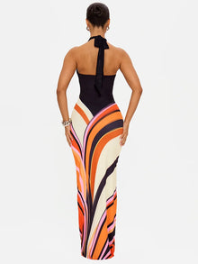 Blifanbo Halter Neck Maxi Dress Women Colorful Swirl Print