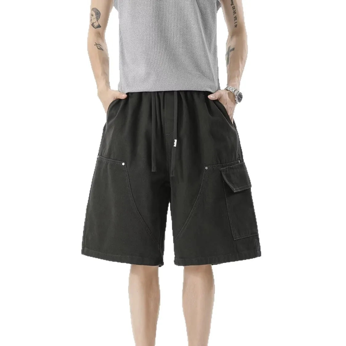American Street Style Military Green Multi-Pocket Workwear Shorts Men Summer Deconstructed Rivet Design Loose Five-Quarter Pants