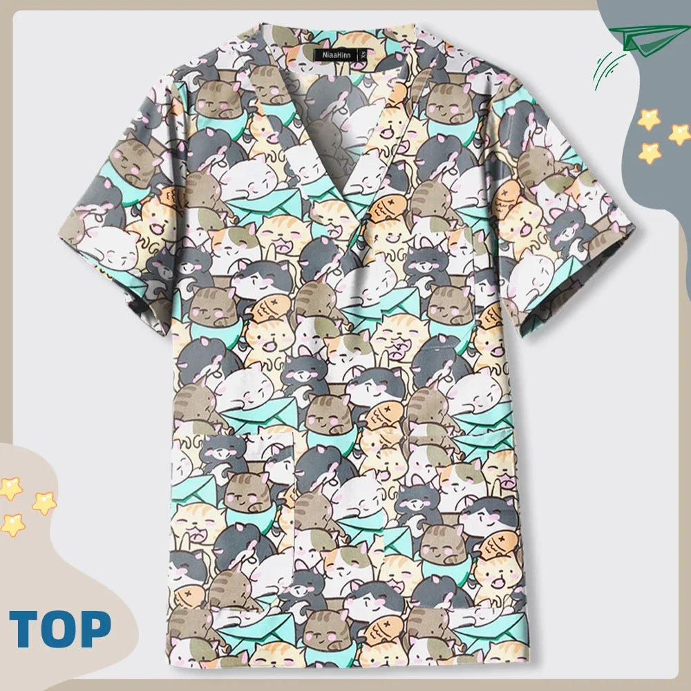 Print Dogs/Cats/Rabbit Scrub Tops Women Men Medical Scrub Shirts Pet Shop Vet Workwear Doctor Nurse Uniform Dentist Overalls Cap