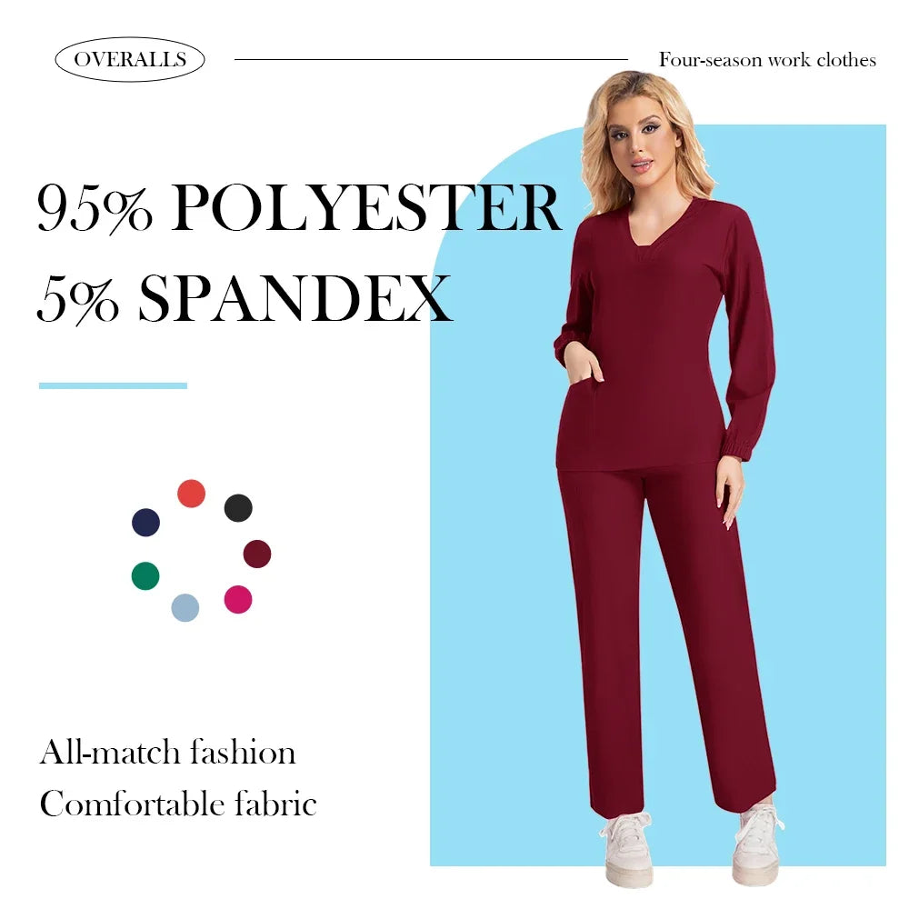 New Scrubs Nurse Uniforms Long Sleeve V-neck Top+Straight Pants Women Multicolor Nursing Scrubs Set Pet Doctor Medical Workwear