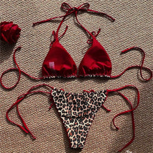 Red Leopard Bikinis Sets Bowknot Triangle String Backless Swimsuit Push Up Halter Extrem Swimwear Thong Women Beach Bathing Suit