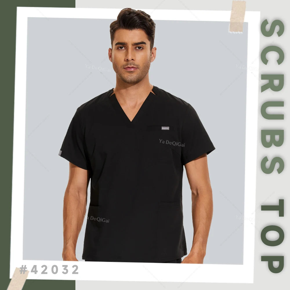 2XL Clinical Workwear Men Scrubs Tops Medical Uniforms Nursing Work Shirts Classic V-Neck Clinical Scrub Top Short Sleeve Blouse