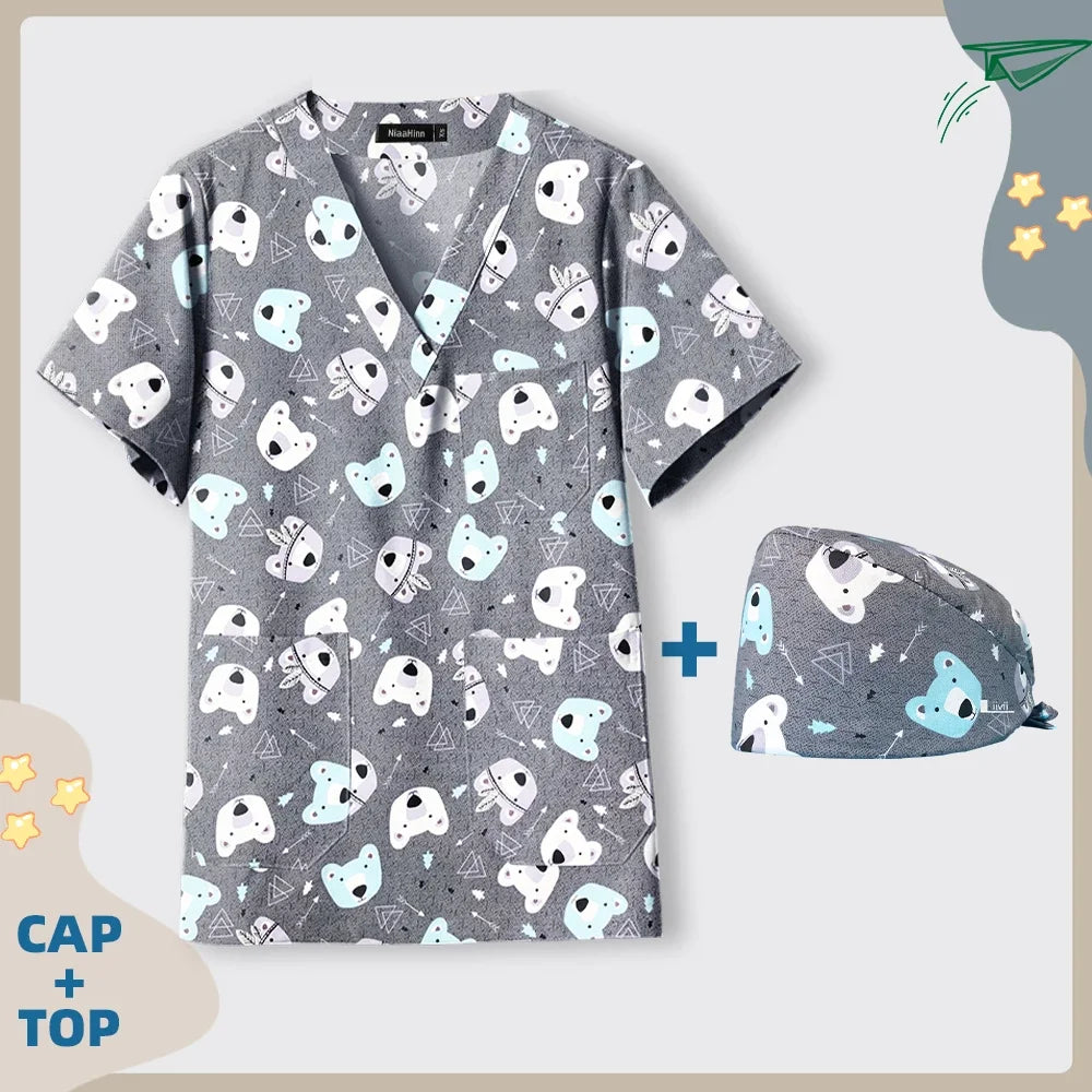Print Dogs/Cats/Rabbit Scrub Tops Women Men Medical Scrub Shirts Pet Shop Vet Workwear Doctor Nurse Uniform Dentist Overalls Cap