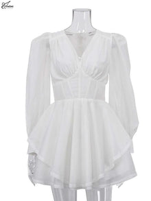 Oymimi Women's White Mini Dress 2026 Spring Deep V-Neck Puff Sleeve Corset Tiered Ruffle Sheer Casual Party Fashion Trendy Wear