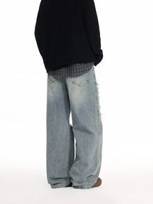 High Waist Men's Blue Jeans Aesthetic Vintage 2000s Streetwear Y2K Wide Leg Jeans 2026 Autumn Ripped Trouser Baggy Denim Pants