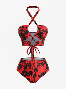 Red Black Floral Tankini Set Skirt Halter High Waist