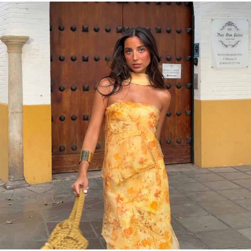Vintage Floral Print Strapless Patchwork Dress Women Elegant Sleeveless Backless Ribbon Split Dresses Summer Female Party Robes