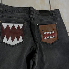 Y2k Wash Dark Baggy Jeans Men Shark Mouth Pocket Print White Tribal Flame Side Graphic Wide Leg Harajuku Hip Hop Denim Trousers