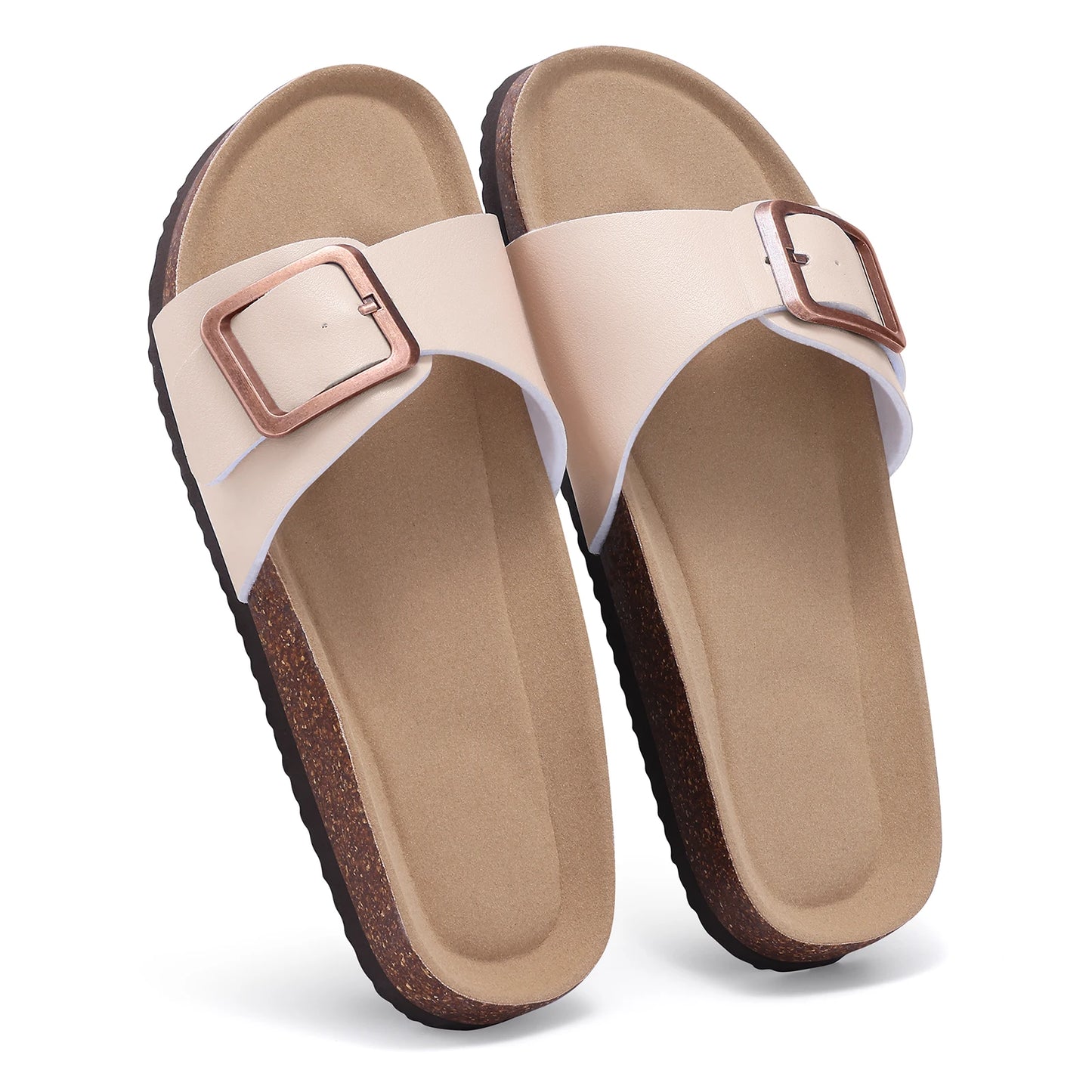 Bebealy Women's Cork Footbed Slippers Summer Leather Beach Flip Flops with Adjustable Buckle Lady Clogs Sandal With Arch Support