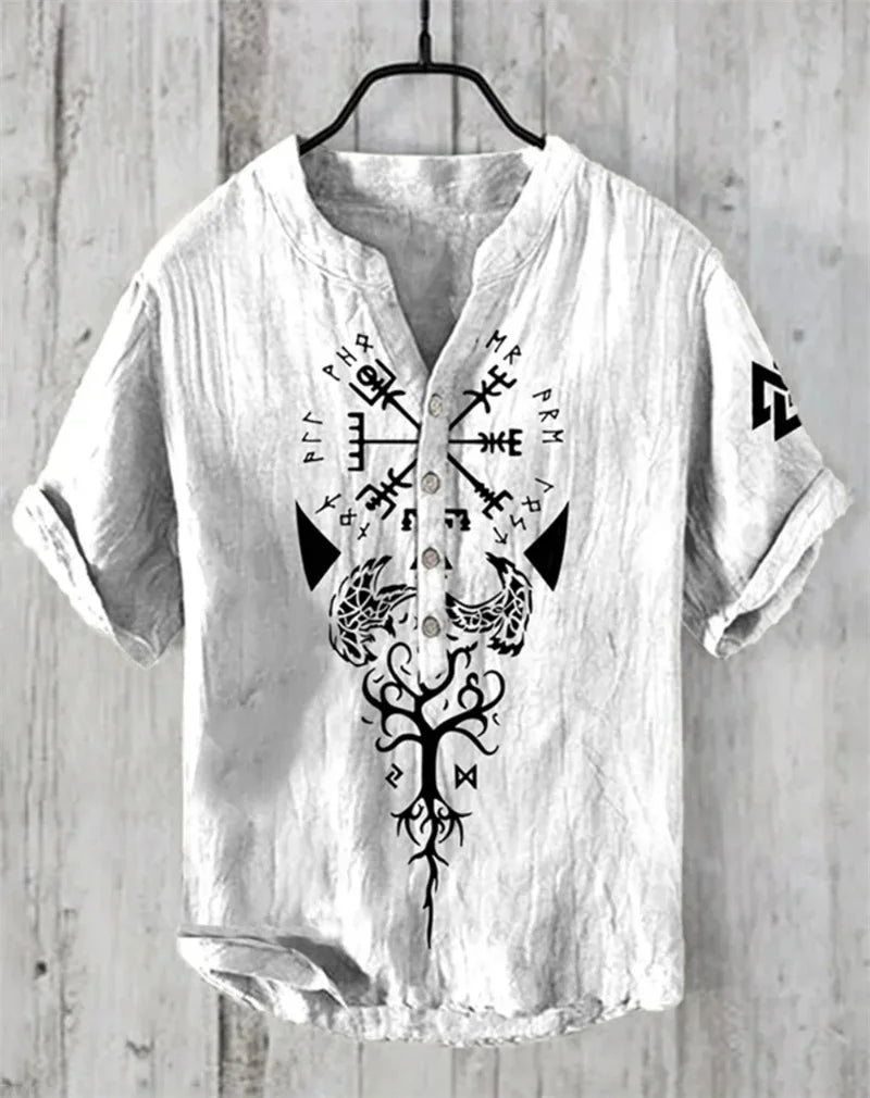 Summer New Men's Short Sleeve Shirt Pattern Art Print Men's 100% Linen Button Shirt Short Sleeve Comfort Shirt