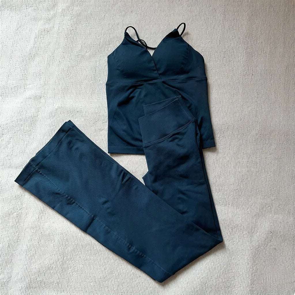 NO LOGO 2 Pieces Flared Legging Set Women Twist Front Sports vest Top Wide Leg Yoga Pants Seamless Yoga Set Tracksuits Workout