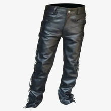 Pantalon de moto en cuir noir pour homme, style jean à lacets latéraux, pantalon en cuir épais