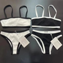 2025 New Women's Black and White Color Blocked Simple Sexy Suspender Split Bikini