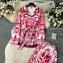 Pant Set Women Two Piece Sets Turn Down Collar Matching Sets Print Casual Loose Tops Wide Leg Long Pants Lace Up High Waist