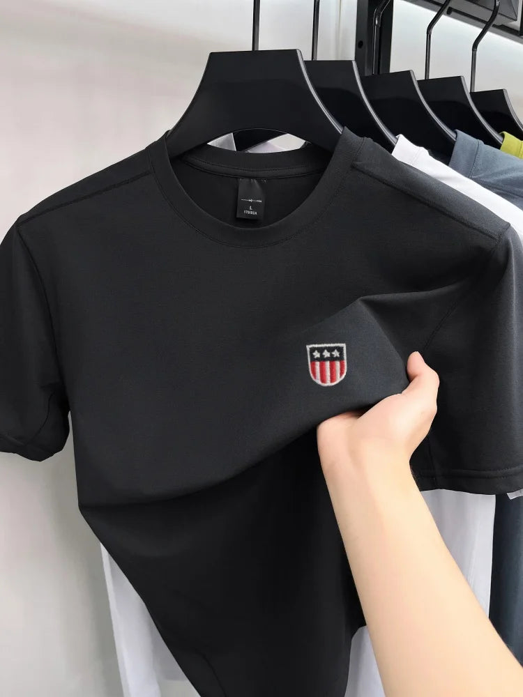 High end ice silk short sleeve T-shirt men's fashion luxury brand exquisite embroidery design, summer breathable round neck top