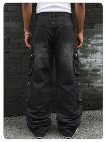 LIYS Men Retro Black Wash Multi Pocket Cargo Jeans Ripped Baggy Wide Leg Y2K Streetwear Denim Pants Tactical Loose Trousers