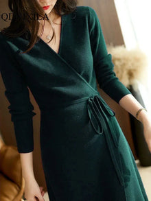 Autumn Winter Sweater Dress V Neck Wrap For Women Korean