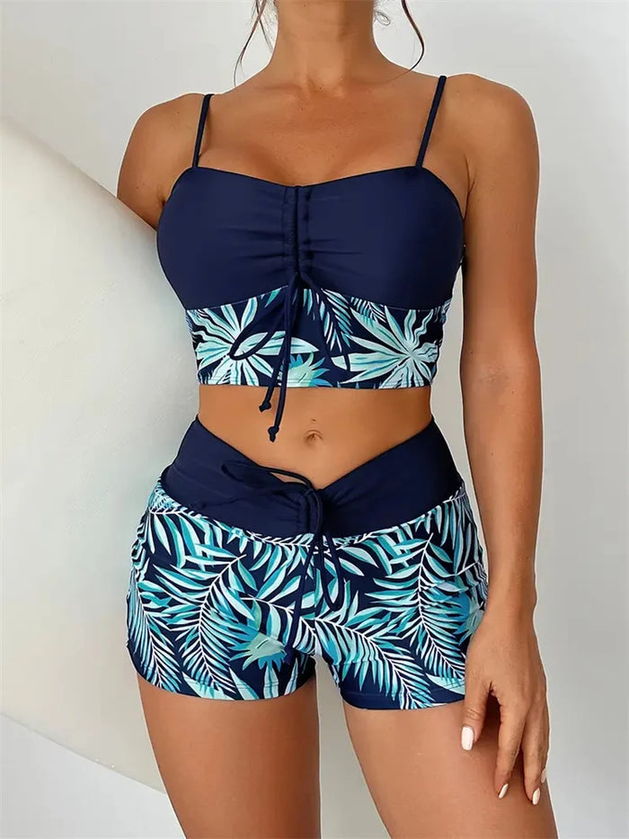 High Waist Bikini Women Vintage Floral Print Pleate Drawstring Push Up Patchwork Swimsuit 2025 Large Size Bathing Suit Swimwear