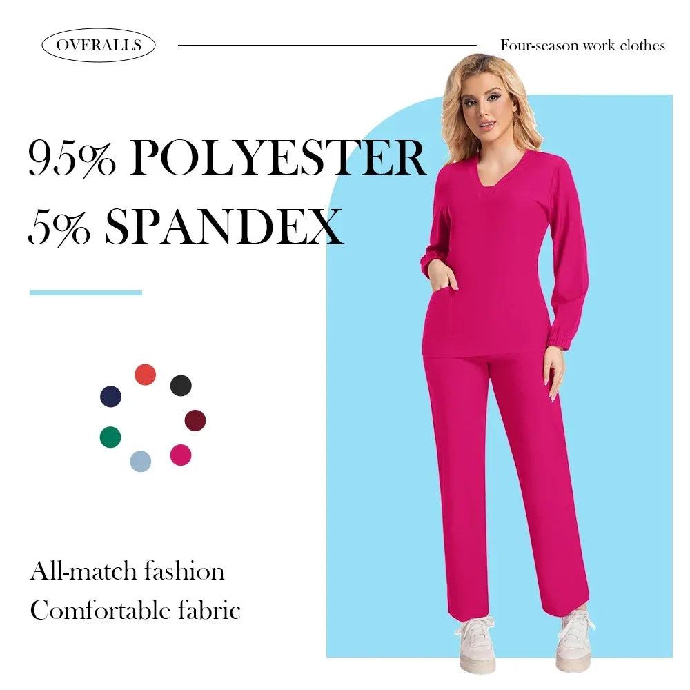 New Scrubs Nurse Uniforms Long Sleeve V-neck Top+Straight Pants Women Multicolor Nursing Scrubs Set Pet Doctor Medical Workwear