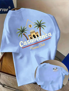 T-shirt pour homme en coton premium 100 % doux avec motif palmier et bâtiment marocain, parfait pour un style décontracté tropical estival