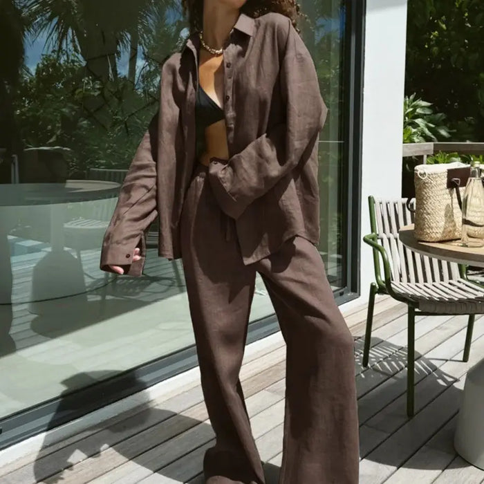 Ensemble décontracté pour femme printemps 2026 : chemise à revers boutonnée et pantalon à taille élastique, tenue deux pièces ample tendance