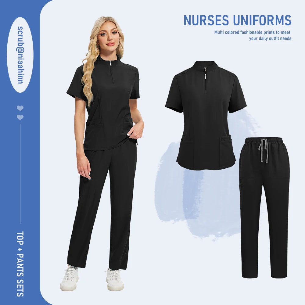 Niaahinn Pants Sets Scrubs Top with Zipper Salon Beauty Spa Uniform Women Men Scrub Uniforms Healthcare Pharmacy Nurse Work Wear