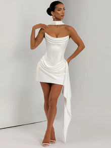 Elegant White Strapless Mini Dress For Women Luxury Corset Ribbon Ruched Short Curvy Dresses Pink Birthday Wedding Guest Summer