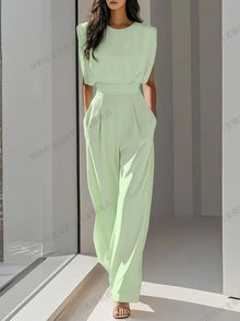 Combinaison élégante à taille haute, nouvelle mode féminine, style reine, couleur unie, avec ceinture et poches, tenue de bureau.