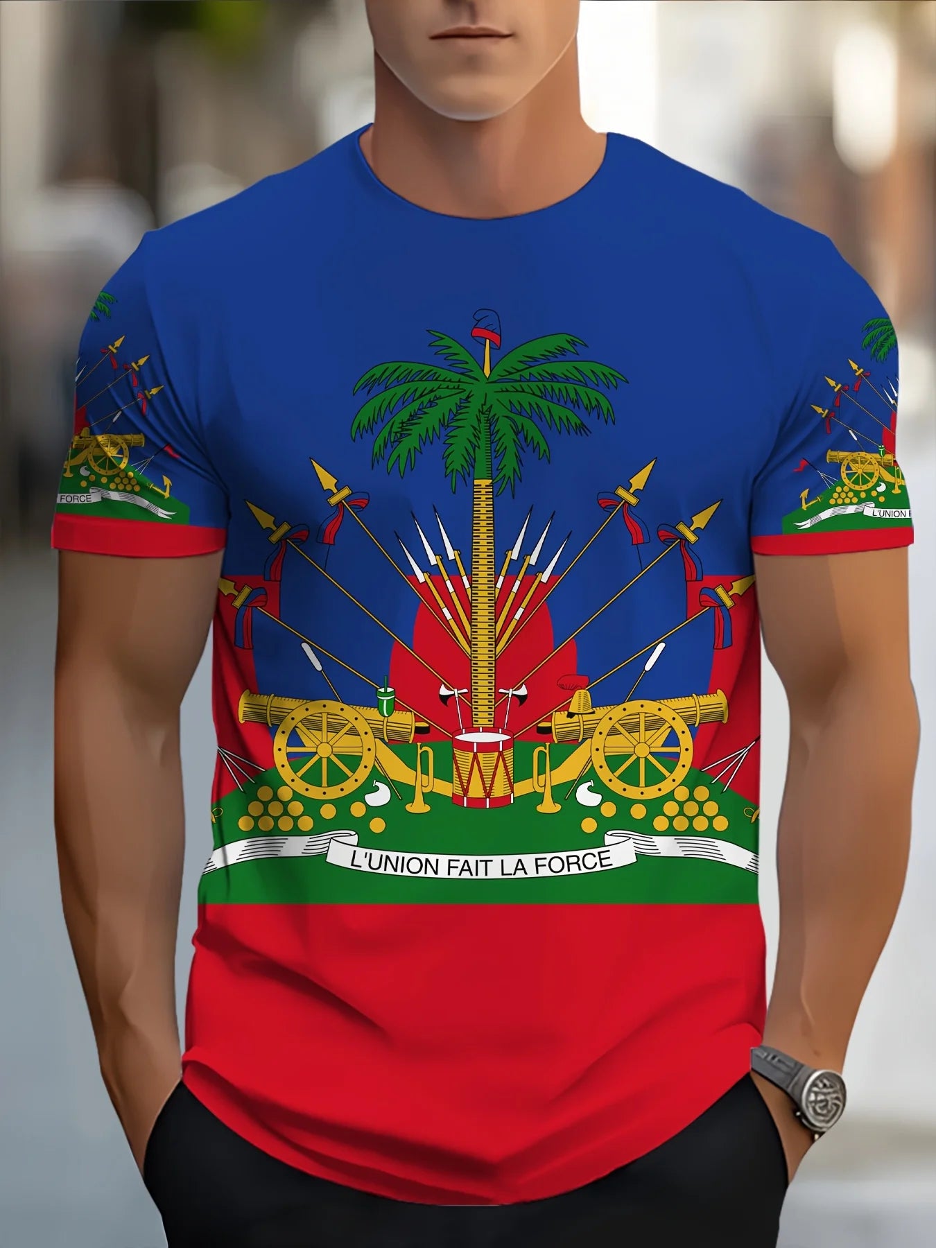 Men's Novelty T-Shirt | Vibrant Multi-Color Polyester Casual Tee with Haitian Flag & Cannon Print | Round Neck,Regular Fit