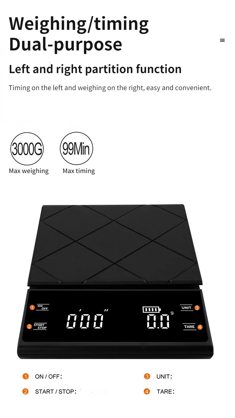 Smart Coffee Electronic Scale High Precision Digital Timing LCD Scale 3kg/0.1g Coffee Balance Measuring Weight Scale for Kitchen