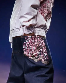 Vintage Low Waist Hip Hop Cherry Blossom Embroidered Jeans  Wide Leg Trousers Y2K Clothes Mens Womes Embroidered Baggy Jeans